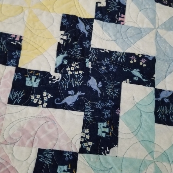 Wall Quilt 38" Square Dragons Castles Pinwheel Pink Blue Floral Hearts Baby Room - Picture 4 of 11